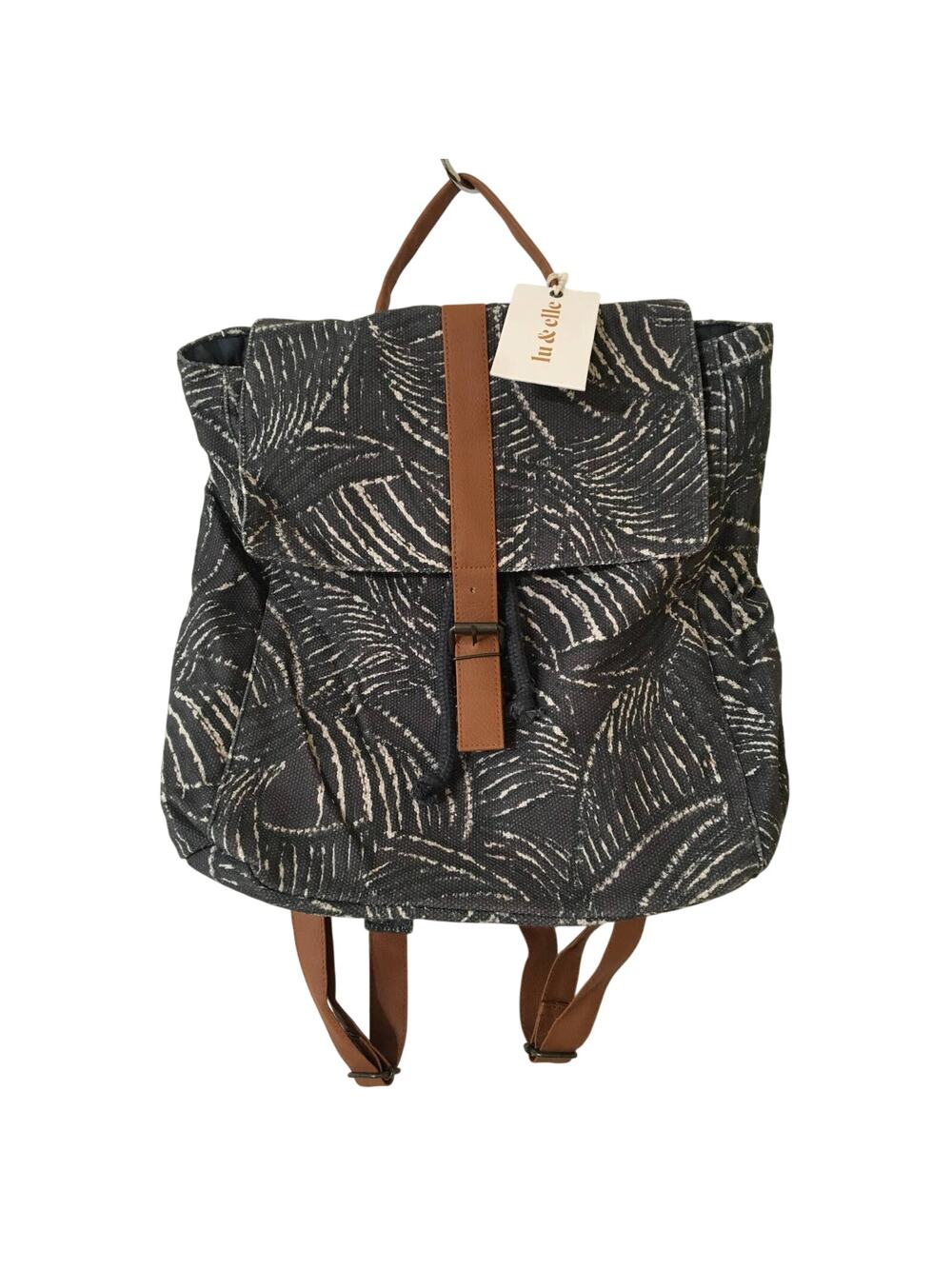 NWT lu & elle Paradise Palm Backpack Gray, White Interior Pockets Drawcord Close